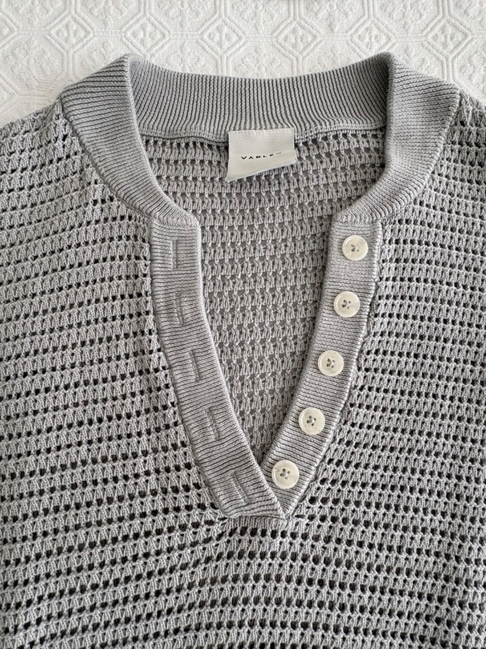 Varley Callie Open Knit Cotton Polo Top Mirage Grey Size Large Like New